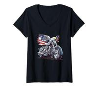 Womens Retro Bike with Cool USA Flag Eagle for Motorcycles Lovers V-Neck T-Shirt