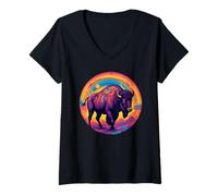 Womens Retro Bison Animal Lover, Vintage Bison Yak Wildlife Lovers V-Neck T-Shirt