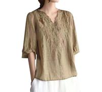 Women's Retro Bohemian Style Linen Shirt Blouses Boho Loose Fitting Floral Graphic Embroidered Tunic Summer Hippie Ruffle Tops for Older Women Trendy V Neck Gauze Boho Peasant Spring