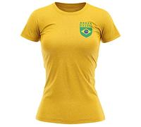 Womens Retro Brazil Badge Football T Shirt, Brazilian Country Supporter Gift South America Tournament for Her, Brasil Flag Soccer Badge Tee, L, Yellow