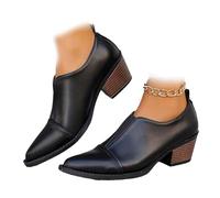 Women's Retro British Style Pointed Toe Slip-On Loafers, Black Chunky Heel Casual Business Shoes Vintage Slip-On Elastic Design High Heels (Black,42EU)