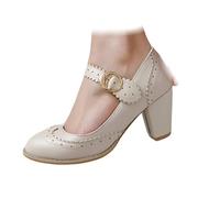 Women's Retro Brogue Court Shoes Chunky Mid Heels Pointed-Toe Pumps with Lace Trim Bavarian Style Shoes Oktoberfest Glam Dirndl Traditional German Statement Beige