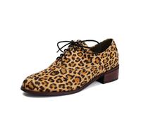 Women's Retro Brogue Shoes British Style Suede Round Toe Low Block Heel Ankle Strap Flats Vintage Oxford Lace-Up Casual Shoes for Women (Leopard Print,4.5)