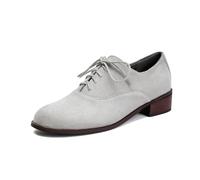 Women's Retro Brogue Shoes British Style Suede Round Toe Low Block Heel Ankle Strap Flats Vintage Oxford Lace-Up Casual Shoes for Women (Grey,11)