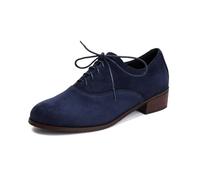 Women's Retro Brogue Shoes British Style Suede Round Toe Low Block Heel Ankle Strap Flats Vintage Oxford Lace-Up Casual Shoes for Women (Blue,8)