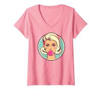Womens Retro Bubblegum Babe Blonde Pin-Up Style Pop Art Design V-Neck T-Shirt