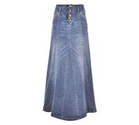 Womens Retro Button-Fly High Waisted Denim Skirts Casual Loose Distressed A-line Long Maxi Jeans Skirts