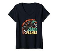 Women's Retro Cactus Botanical Saying for Introvert Crazy Cat Lady V-Neck T-Shirt