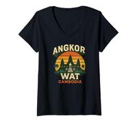 Womens Retro Cambodia Design, Angkor Wat Temple, South East Asia V-Neck T-Shirt