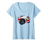 Womens Retro Camera UK Flag, British Photographer, Photography V-Neck T-Shirt