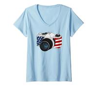 Womens Retro Camera USA Flag, Patriotic Photographer, Photography V-Neck T-Shirt