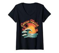 Womens Retro Cancun Mexico Sunset Ocean Wave Travel V-Neck T-Shirt