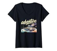 Women's Retro Car Adventure Design V-Neck T-Shirt