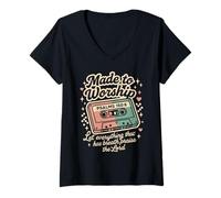 Womens Retro Cassette Made to Worship Psalms 150:6 Christian Music V-Neck T-Shirt