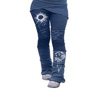 Women's Retro Casual Solid Color Sun And Moon Printed Pattern Slim Lace Edge Stitching High Waist Flared Pants Trousers (Blue, L)