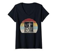 Womens Retro Cat and UFOs Cosmic Adventure V-Neck T-Shirt