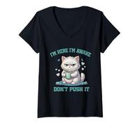 Women's Retro Cat Coffee Mood Grumpy Morning Quote V-Neck T-Shirt