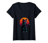 Womens Retro Cat Holding Bow And Arrow Archery Archer V-Neck T-Shirt