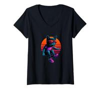 Womens Retro Cat In Motion Freestyle Parkour Jumper V-Neck T-Shirt
