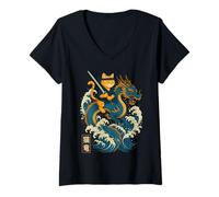 Womens Retro Cat Ninja Riding Dragon Japanese Ukiyo-e Samurai Cat V-Neck T-Shirt