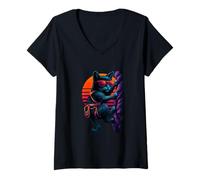 Womens Retro Cat With Climbing Harness Rock Climbing Climber V-Neck T-Shirt