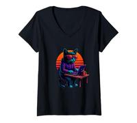 Womens Retro Cat With Code Software Skills Computer Programmer V-Neck T-Shirt