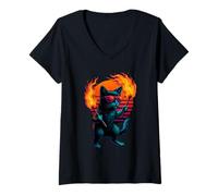 Womens Retro Cat With Flaming Torches Fire Dancing Dancer V-Neck T-Shirt