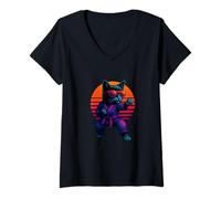 Womens Retro Cat With Karate Punch Karate Fighter V-Neck T-Shirt