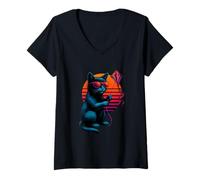 Womens Retro Cat With Kite String Flying Flyer V-Neck T-Shirt
