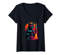 Womens Retro Cat With Launch Wires Model Rocketry Rocketeer V-Neck T-Shirt