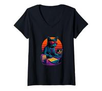 Womens Retro Cat With Markets Reports Skills Financial Analyst V-Neck T-Shirt