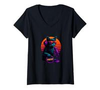 Womens Retro Cat With Microphone Podcast Setup Podcaster V-Neck T-Shirt
