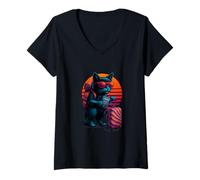 Womens Retro Cat With Passport Luggage Travel Traveler V-Neck T-Shirt