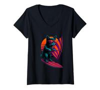 Womens Retro Cat With Striped Sail Wind Surfing Surfer V-Neck T-Shirt