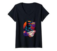 Womens Retro Cat With Trends Data Skills Market Research Analyst V-Neck T-Shirt