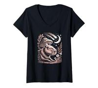 Women's Retro Celestial Capybara Exploring the Dark Mystical Woods V-Neck T-Shirt