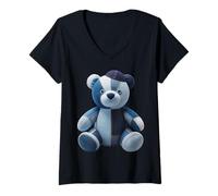 Womens Retro Chanukah Bear Jewish Blue Denim Patchwork V-Neck T-Shirt