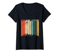 Women's Retro Charlotte North Carolina Downtown Skyline Distressed V-Neck T-Shirt