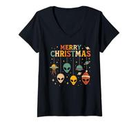 Womens Retro Christmas UFO Alien Xmas Sci Fi Holidays V-Neck T-Shirt