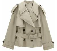 Women's Retro Classic Lapel Double-breasted Solid Color Business Casual Short Windbreaker Fashionable Trend Going Out Party Jacket with Belt (A,S)