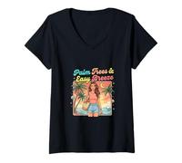 Women's Retro Coastal Palm Trees Easy Breeze Summer Style V-Neck T-Shirt