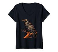 Womens Retro Colorful Birds in a Row V-Neck T-Shirt