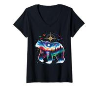 Womens Retro Colorful Forest Bear Wildlife Animal Nature Camping V-Neck T-Shirt