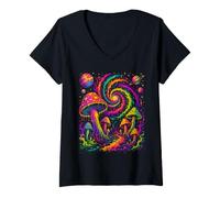 Women's Retro Colorful Mushroom Galaxy Vintage Style Art V-Neck T-Shirt