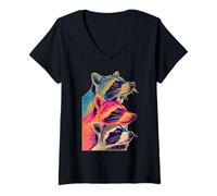 Women's Retro Colorful Raccoons Vibrant Forest Animal Art Summer V-Neck T-Shirt