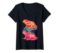 Women's Retro Colorful Toads Vibrant Tropical Animal Art Summer Frog V-Neck T-Shirt