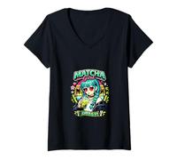 Women's Retro Cool Anime Matcha Energy Green Tea Latte Bubble V-Neck T-Shirt