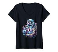 Women's Retro Cosmic Chicken Lady Exploring The Vast Universe V-Neck T-Shirt