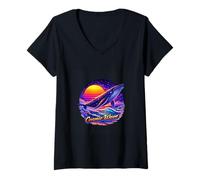 Women's Retro Cosmic Whale Ocean Sunset Artwork V-Neck T-Shirt