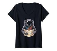 Women's Retro Cosmonaut discovering Glowing Starry Galaxy Mushrooms V-Neck T-Shirt